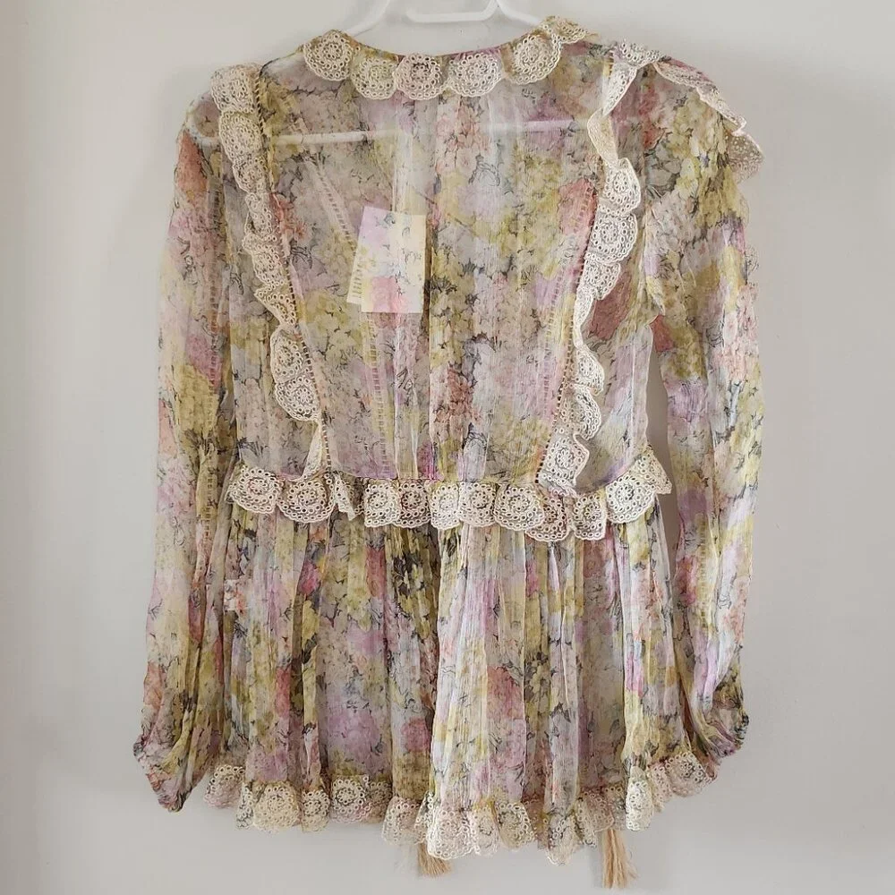 RARE! Zimmermann Valour Scallop Ruffle Blouse Floral Size AU 1 B81 - Picture 4 of 11